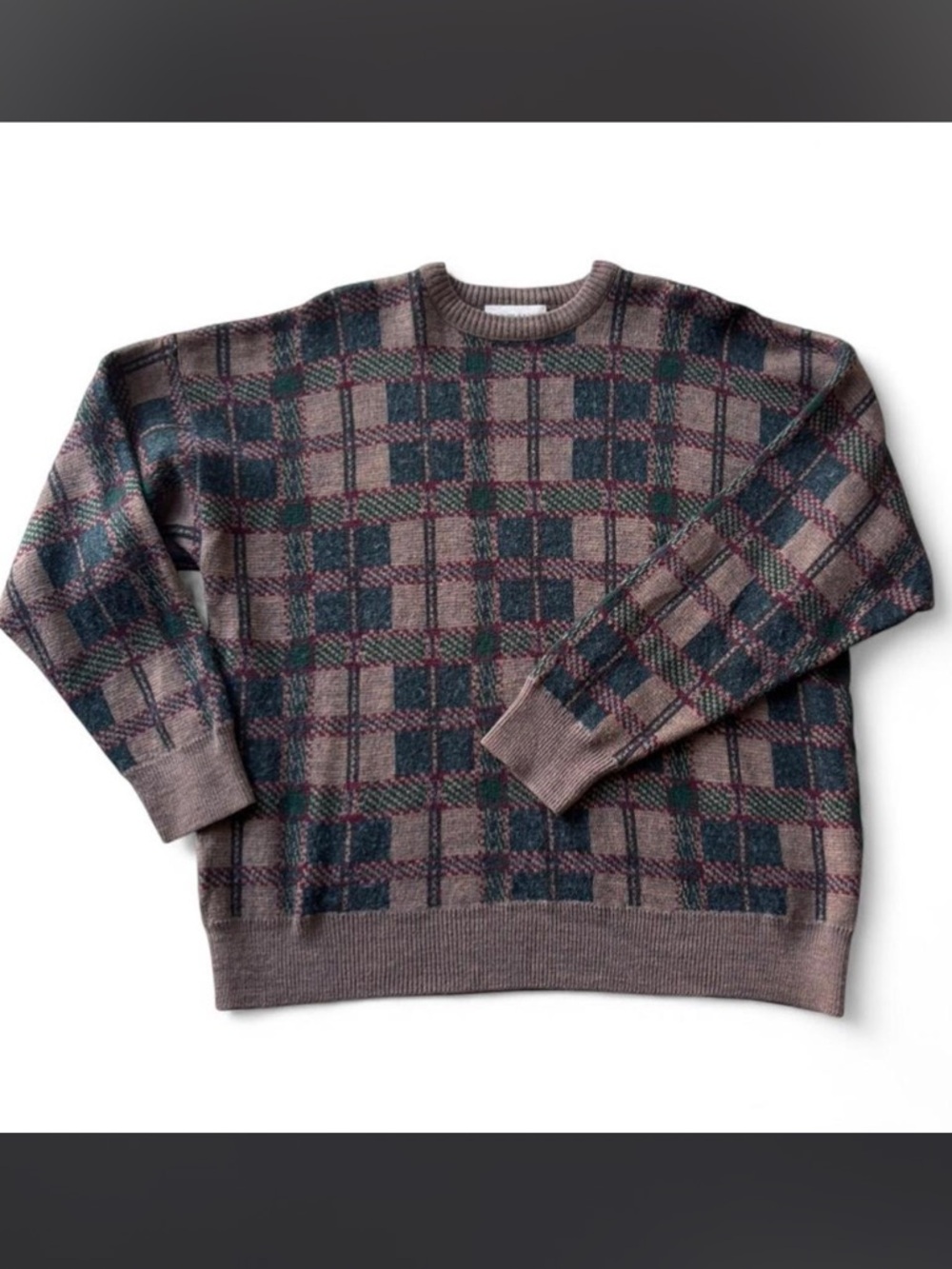 Murano Men's Plaid Crewneck Sweater in Brown, Green and Navy